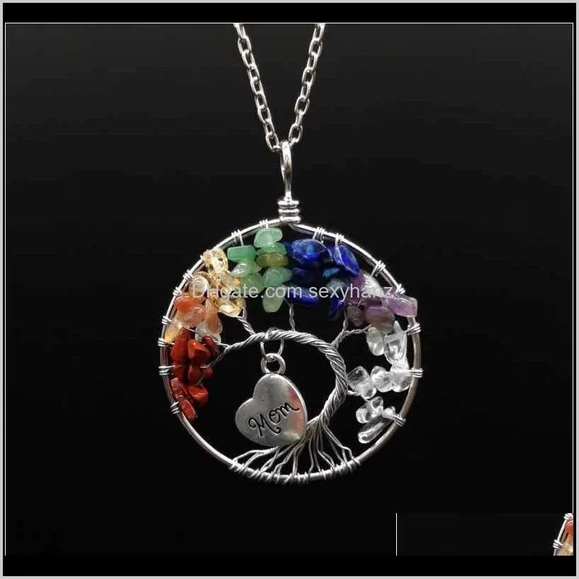 100% handmade wrapped natural stones crystal tree of life pendant necklace women men heart engraved letter family jewel qylozh