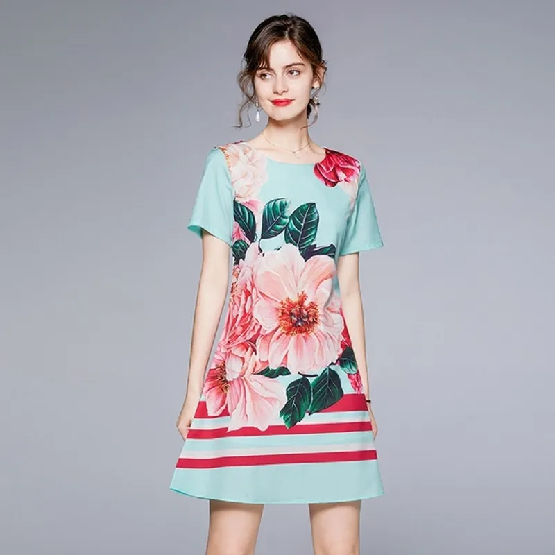 Moda verão elegante mulheres manga curta o pescoço casual posicionamento solto floral vestido impresso vestidos 210531