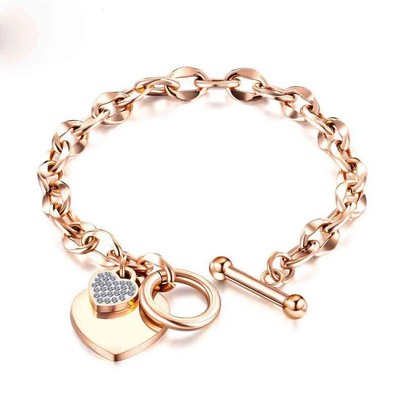 Stainls Steel Couple Heart Bracelet Europe American Style Charm Chain Zircon Heart Gold OT Cuff Lock Valentine's Bracelets