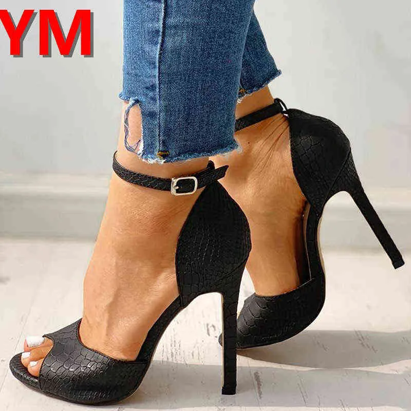 Seksi Toka Kayışı Kadın Ayakkabı Yüksek Topuklu Pompalar Sandalet Moda Yılan Saplı Stiletto Süper Peep Toe Sandalet Zapatos De Mujer 36-41 H1126