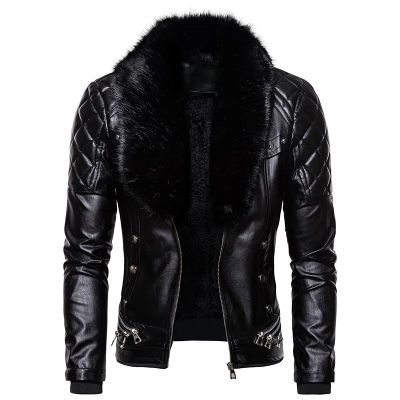 Men's Fur & Faux Trendy Collar Detachable Leather Jacket Men Fashion Motocycle Jackets Coats Slim Fit Windproof Warm