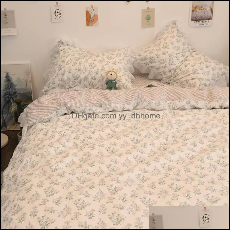 Bedding Sets INS Korean Style Lace Small Floral Three-Piece Set Pure Cotton Idyllic Bed Sheet Quilt Cover 1.8 M Four-Piece