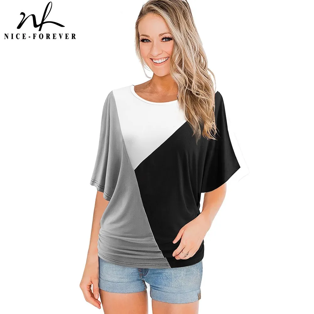 Nice-Forever Summer Women Fashion Contrast Color Patchwork Koszulki Casual Oversized Tees Topy T013 210419