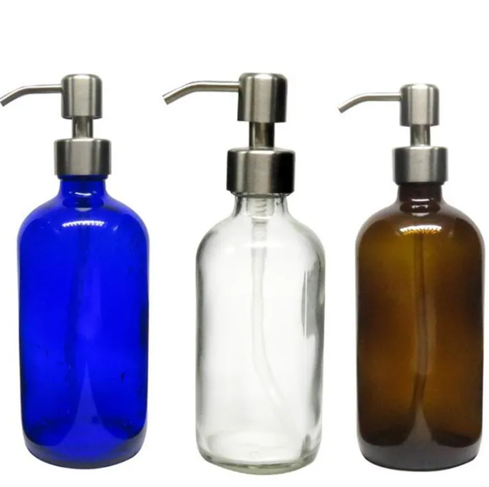 2022 nouvelles bouteilles de pompe Boston en verre vides de 8 onces avec distributeur de pompe en acier inoxydable pour huile essentielle, savon liquide, lotion