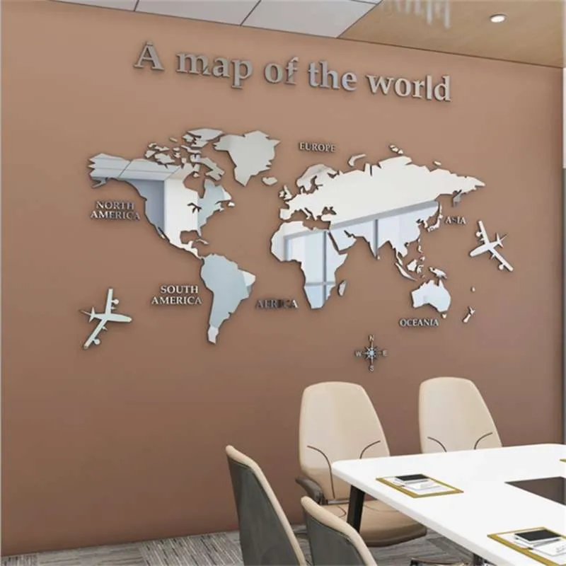 3D Avrupa Dünya Haritası Akrilik Duvar Çıkartmaları Oturma Odası Yatak Odası Ofis Dekor DIY Duvar Kağıdı Ev Dekorasyon 210929
