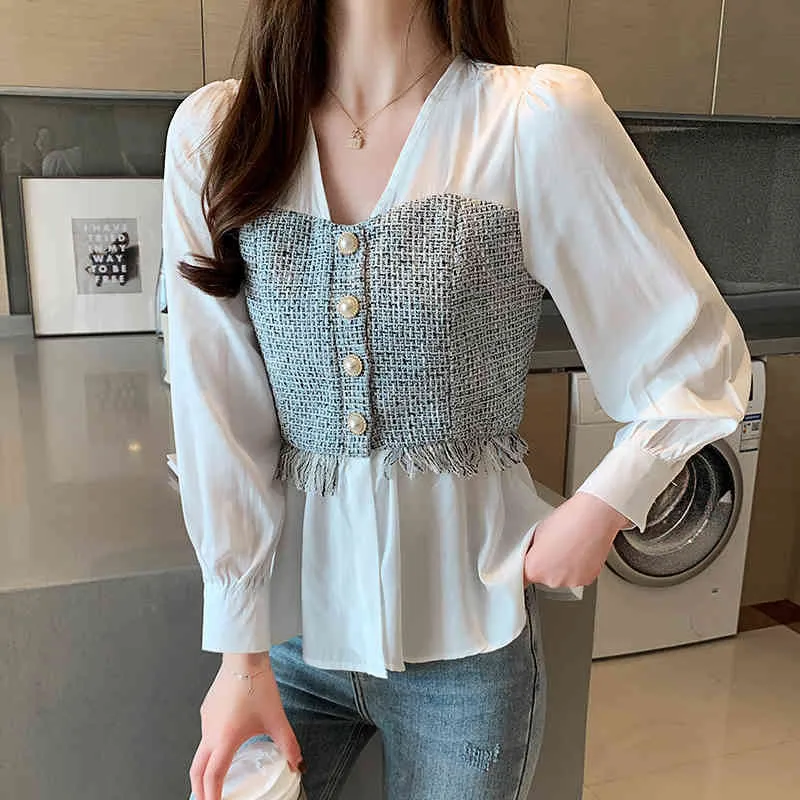 Talla grande Sólido Blanco Camisa de manga larga Moda Oficina Tops Estilo coreano Empalmado Gasa Mujer Blusa con cuello en v Camisa femenina 689G 210420