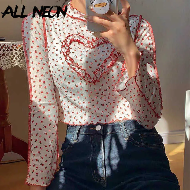 AllNeon E-Girl Esthétique Floral Stitch Heart Cropped Tops Y2K Mode Volants T-shirts à manches longues Sweet Vintage Tenues Slim Y0629