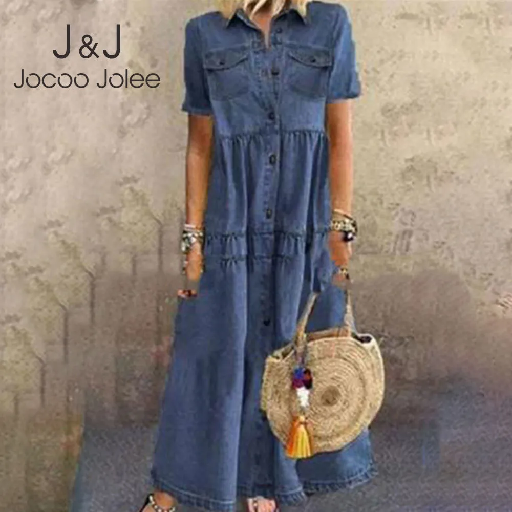 JOCOO Jolee Artı Boyutu 3XL Kadınlar Yaz Denim Elbise Retro Kadınlar Kısa Kollu Polo Boyun Cepler Düğme Uzun Gevşek Jean Elbise 210518
