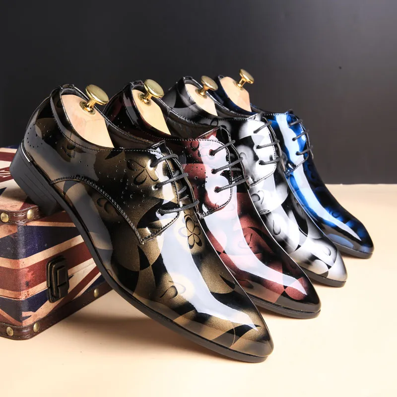 Mens Leather Dress Shoes British Printing Navy Bule Black Brow Oxfords Flat Office Party Wedding Round Toe Outdoor GAI trendings