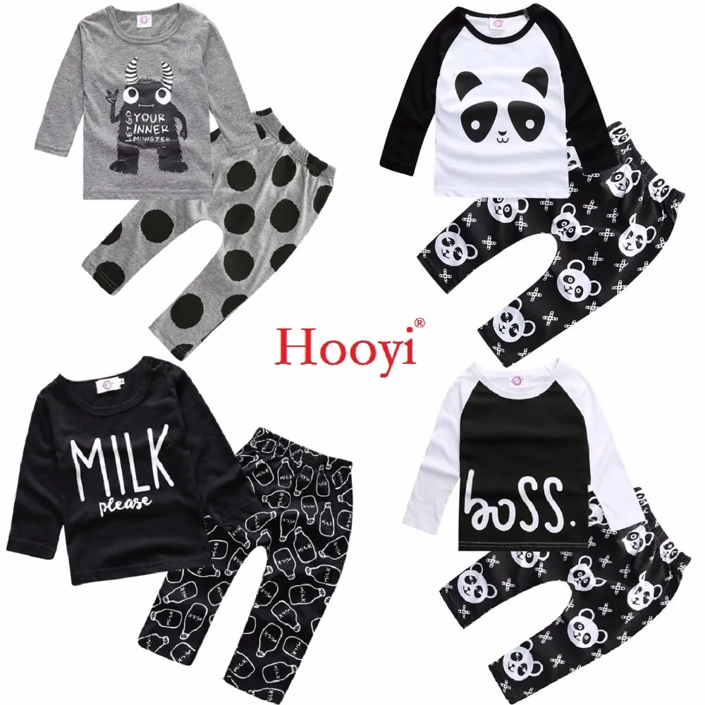 Moda Bebek Giysileri Suits Çocuk 2-Parça Giyim Setleri Pamuk Panda Canavar Erkek Tee Gömlek Pantolon Yenidoğan Kıyafetler Tops 210413