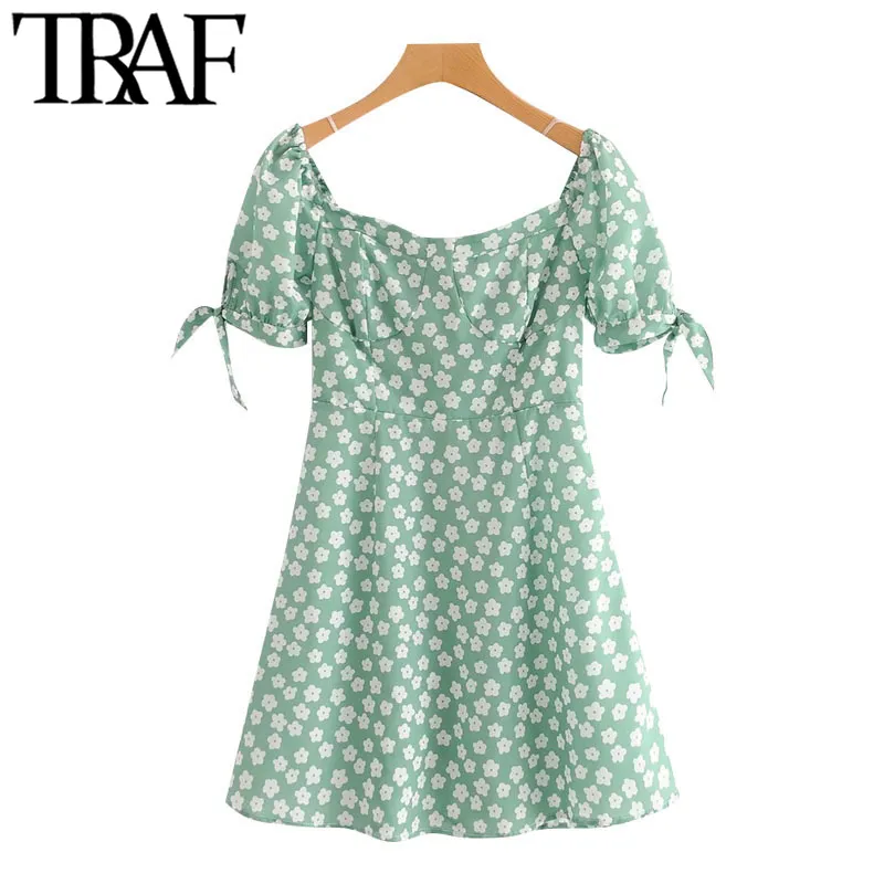 Traf Women Chic Fashion Floral Print Mini Dress Vintage Lace-Up Sleeves Back Zipper Elastic Female Dresses Vestidos 210415