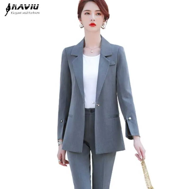 Grå byxor kostym kvinnor höst temperament mode casusl långärmad blazer och byxor kontor damer formellt arbete bär 210604