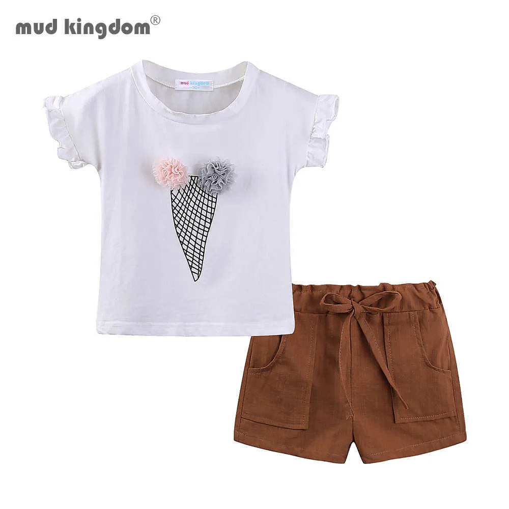 Mudkingdom Filles Shorts Ensemble Ruffle-Sleeve Crème Glacée Motif 3D Fleur Vêtements D'été 210615