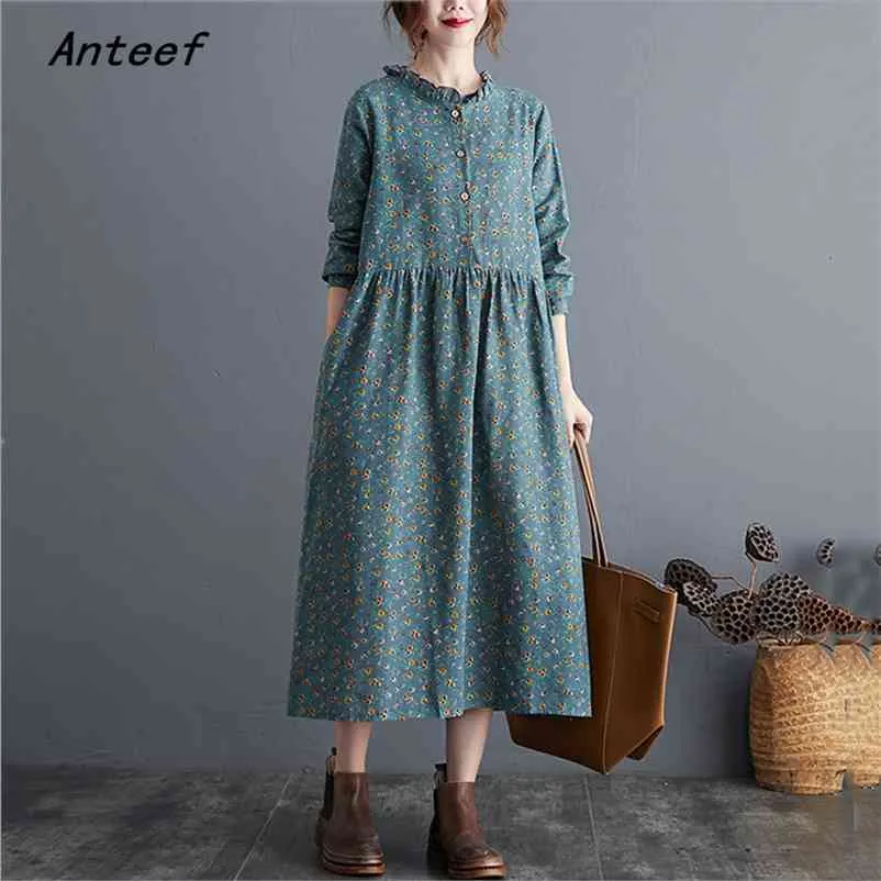 manica lunga plus size cotone lino volant vintage floreale per le donne casual allentato abito autunnale abiti eleganti abiti da donna 210409