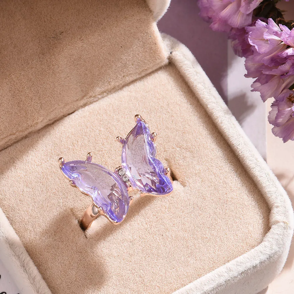 Бабочка кольцо фиолетового темперамента сладкая романтическая женская ювелирная украшения для девочки свадебные подарок