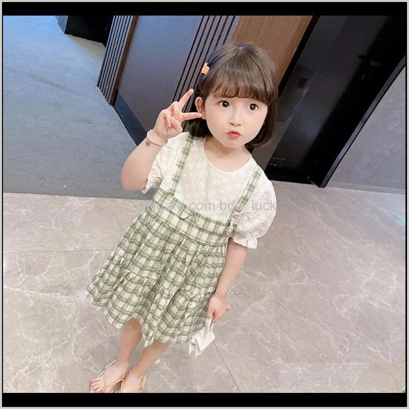 Summer Cute Baby Girls Puff Sleeve Plaid Dress Kids Clothes Floral Embroidery Princess Dresses Casual Children Clothing 2-6Y Girl`s