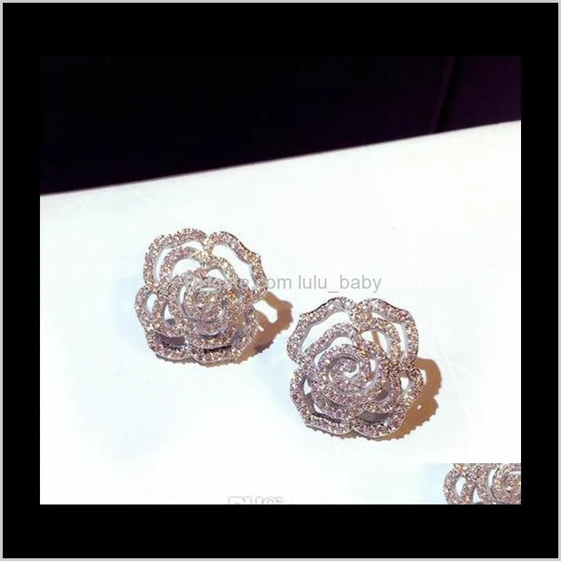 super glittering new hot ins fashion luxury designer diamonds zircon elegant camellia rose flower stud earrings for woman girls gold