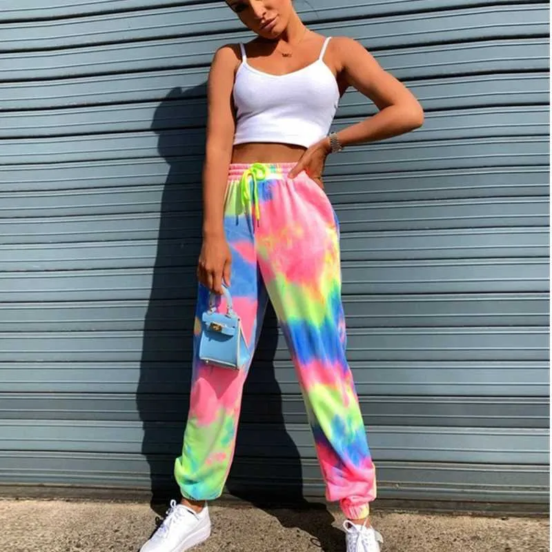 Kobiety Jogger Długie Spodnie Lato Elastyczna Wysoka Talia Koronki Up The Switchant Moda Neon Tie Dye Drukuj Luźne Trouders Femme Jesień 210526