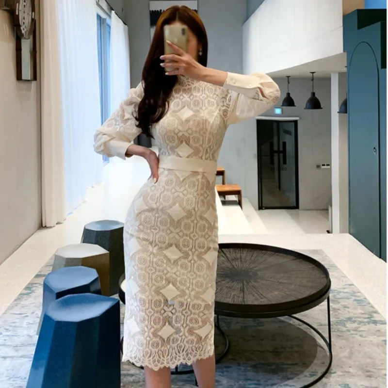 Brown chiffon bodycon midi dress with embroidery lace patchwork and 3/4  sleeves for women ages 18-35 from Dhgate Basic & Casual Dresses - price  50.99