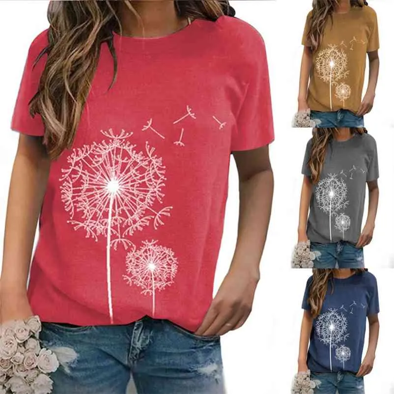 Summer T Shirts For Women: Printed Dandelion Round Neck Plus Size