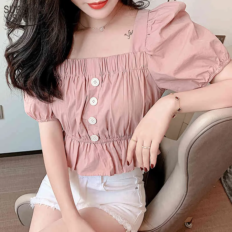 Summer Vintage Short Sleeve Puff Solid Fashion Women Blouses Square Collar Sweet Chiffon Blouse Ropa De Mujer 10023 210508
