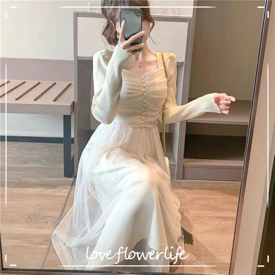 Robe tricotée Mode coréenne à manches longues en dentelle élégante robe pull femmes printemps mince kawaii robe vintage femme 210521