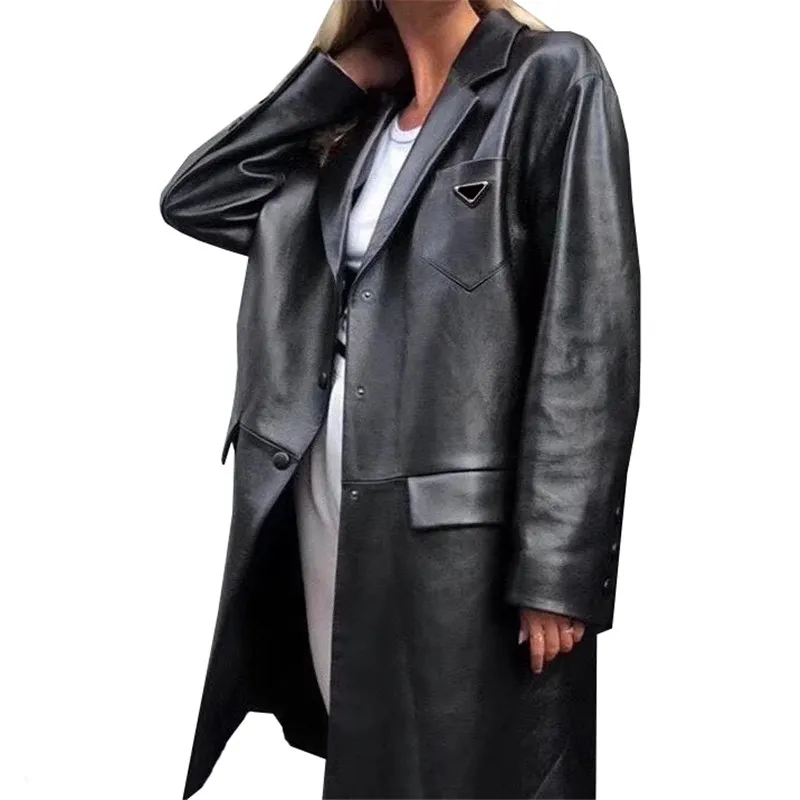 100% Sheepskin Leather Coat Triangle Pocket Lapel Outerwear Women Autumn Winter Warm Overcoat High Quality With Tags