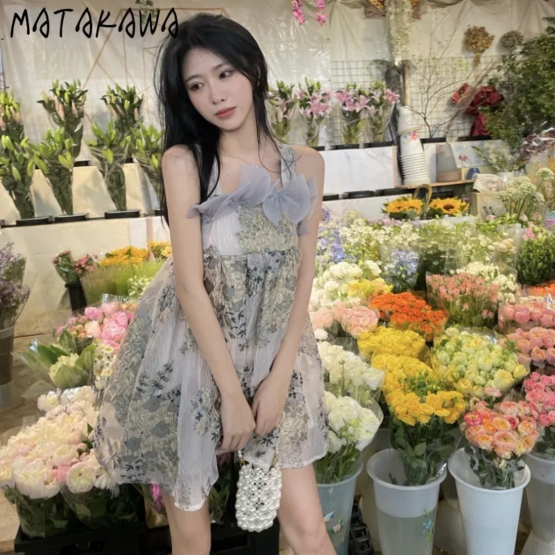 Matakawa Sweet Floral Sling Sukienka Damskie Letnie Bez Ramiączek Bez Ramiączek Femme Francuski Krótki Vestidos Łuk sukienki bez rękawów 210513