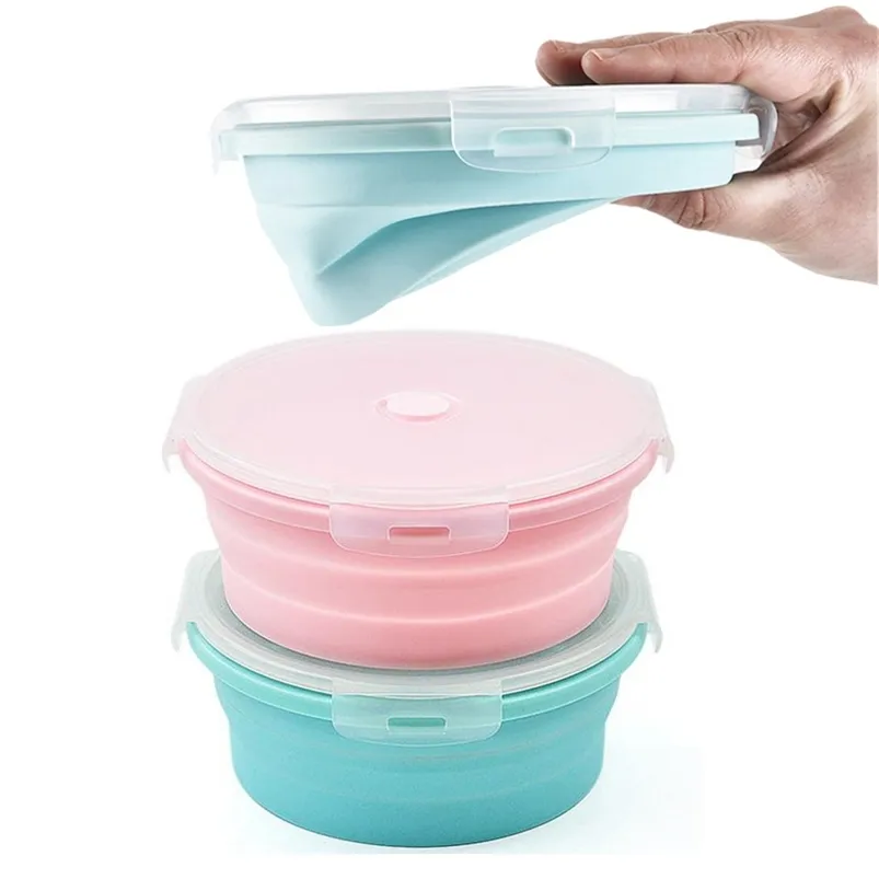 4pcs Set Lunch Box Contenitore per alimenti pieghevole Pasto Casa Cucina Sala da pranzo Stoviglie Microonde Rotondo Silicone 210423