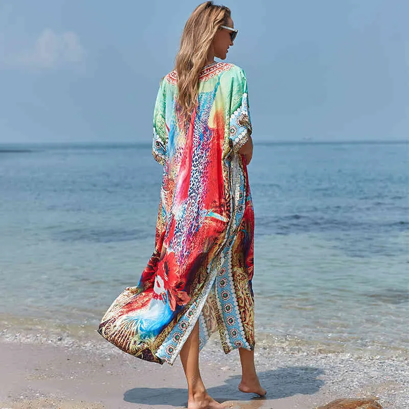 Long Polyester Beach Cover up Swimwear Bathing Suit for Women Pareo Swimdress Saida De Praia Robe Plage Dress Q1186 210424