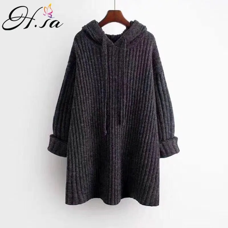 H.SA Kvinnor Vinter Kläder Lång Jumpers Sticka Pull Femme Oversized Striped Grey Chic Girls Hooded Sweater Toppar 210417