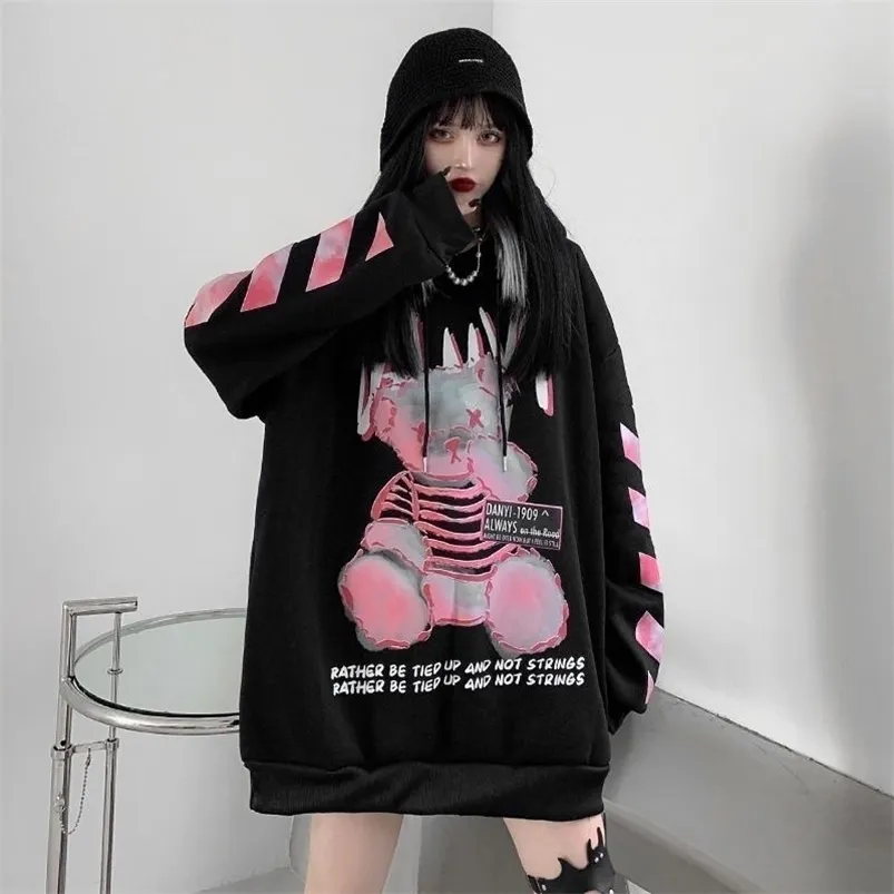 Amina moletom casual outono urso de rua hoodies engraçado harajuku tops cartoon punk hoodie streetwear preto hip hop mulheres 210729