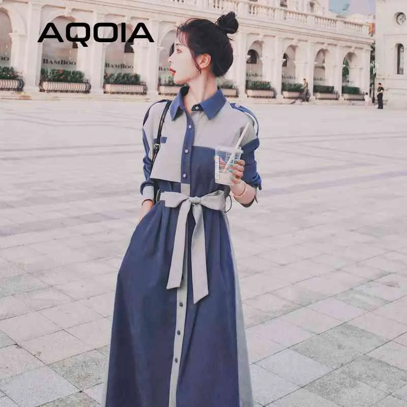 Spring Button Up Women Maxi Dress Streetwear Loose Sashes Long Sleeve Shirt Dresses Patchwork Turn Down Collar Ladies Robe 210521