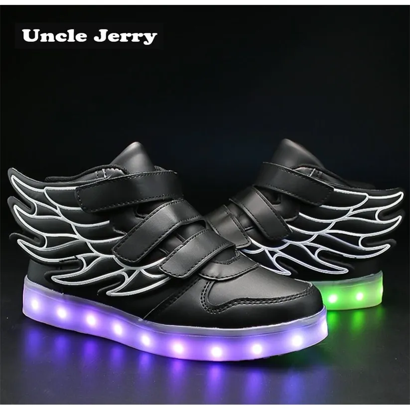 Unclejerryの子供たちが羽の子供たちと靴を照らす靴をled男の子の女の子が輝く輝くスニーカーUSBの充満少年ファッション220115