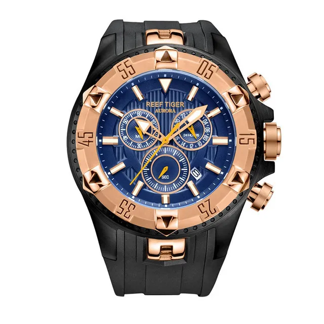 Reef Tiger Aurora Serier RGA303 Men Sports Watches Quartz Wrist Watch with Chronograph and Date Big Dial Super Luminous