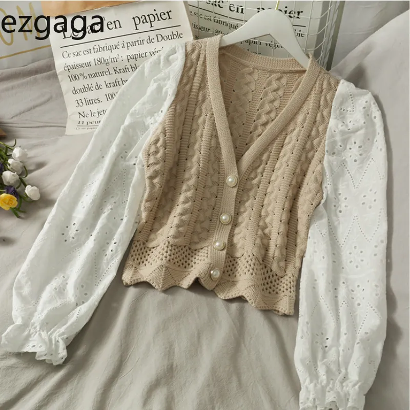 Ezgaga Höst Hollow Out Knit Cardigan Kvinnor Patchwork Single Breasted Y2K Crop Tops Fashion Sweater Thin Chic Korean Cardigan 210430