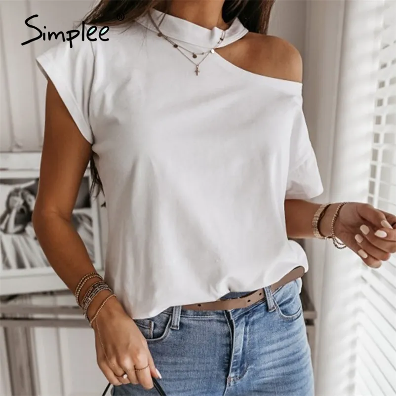 Simplee Casual Solid Sleeve 여성 셔츠 섹시한 Strapless 불규칙한 T 셔츠 봄 여름 슬림 숙녀 홀터 셔츠 사회 210401