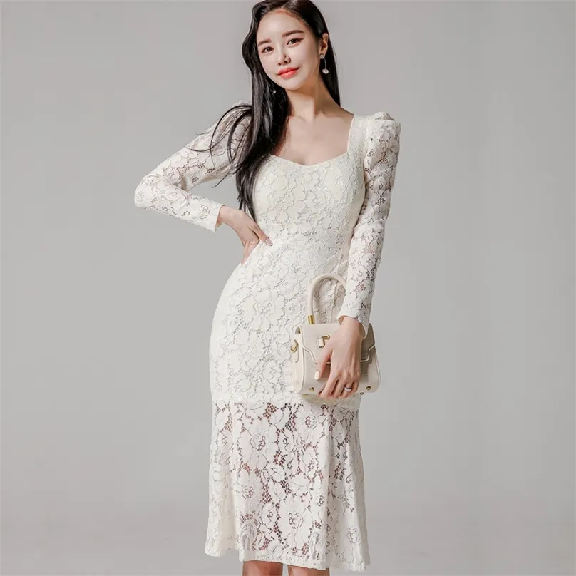 fall lace korean ladies lOng Sleeve See through square neck white loose party Dresses for women china clothing 210602