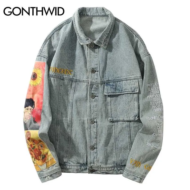 GONTHWID Van Gogh Painting Patchwork Embroidery Denim Jackets Hip Hop Casual Loose Jean Jackets Streetwear Fashion Outwear Coats 211025