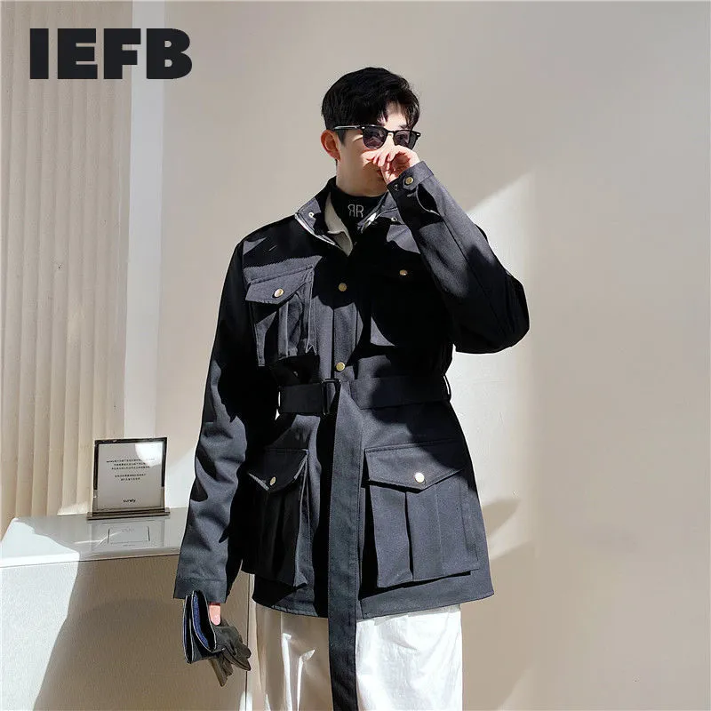 IEFB Single Beasted Workwear Casaul Fashion Jackor för män Spring Bandage Midja Långärmad Fickor Design Coat 9Y5465 210524