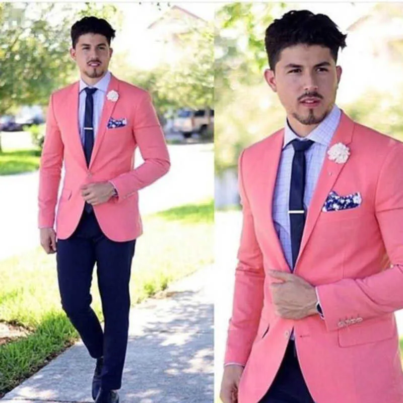 Abiti da uomo rosa casual slim fit con risvolto dentellato 2 pezzo smoking smoking per groomsmen giacca di moda uomo con pantaloni blu navy x0909