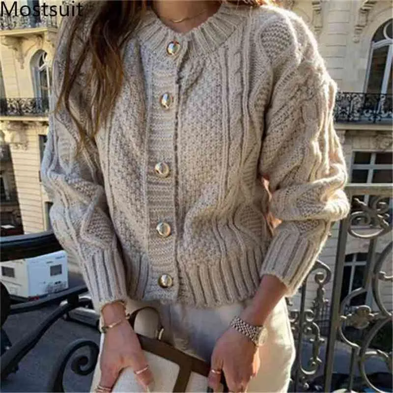 Addensare donne lavorate a maglia cardigan maglioni invernali monopetto o-collo top vintage elegante moda donna ponticelli 210513