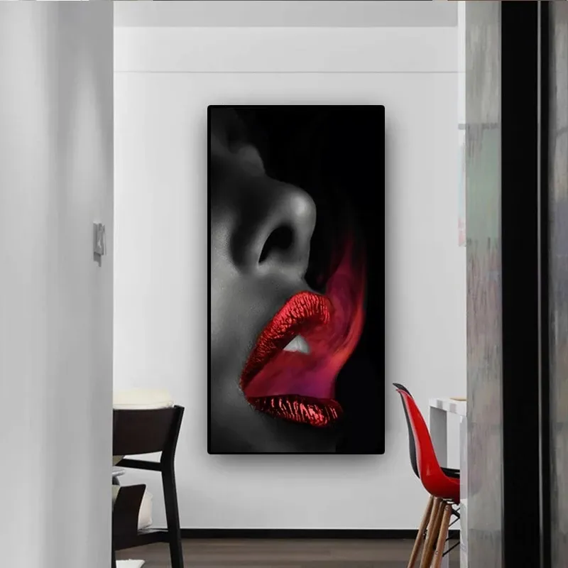 Modular Woman Red Smoke Lips Oil Painting Canvas Wall Art Sexy Abstract ...