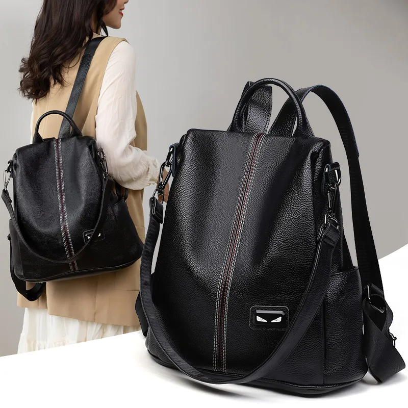 Fashion handbags women`s lychee pattern soft leather trend 2022 new anti-theft backpack school bag multi-purpose travel bags