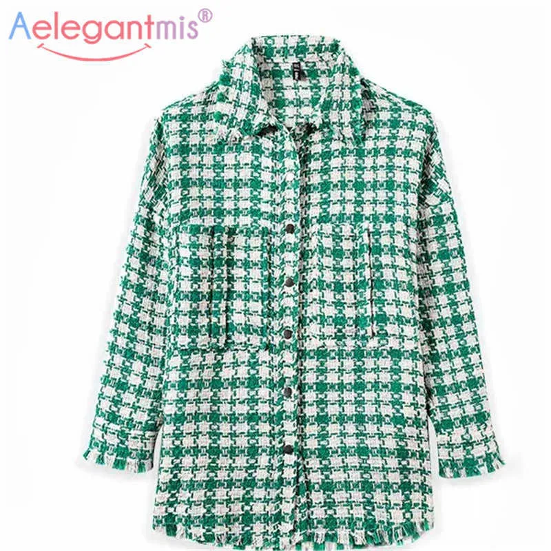 Aelegantmis Vintage Pockets Oversized Plaid Tweed Jas Damesmode Revers Kraag Jas Vrouwelijke Losse Bovenkleding Korea 210607