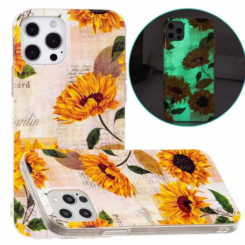 Luminous Skull Słonecznik Miękkie TPU Przypadki dla iPhone 13 Pro Max 12 11 XR 7G 8G 6G 5S Touch5 SE 2022 Kwiat Cat Dog Glow W Dark Cute Telefon komórkowy Powrót