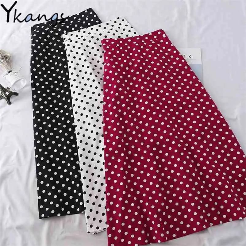 Verano Casual gasa estampado Dot-print falda femenina cintura alta Midi plisada mujer negro blanco rojo largo s Streetwear 210421