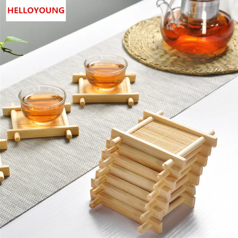 Bandejas de madera de bambú para bandejas de té 7cm * 7cm creativo chino taza cóncava Mat Natural 1pc 100% gran oferta