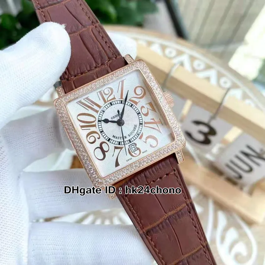 Högkvalitativ Master Square 6000 h sc dt Automatic Men's Watch Diamond Bezel White Dial Rose Gold Gents Business Klockor Brun Läderrem