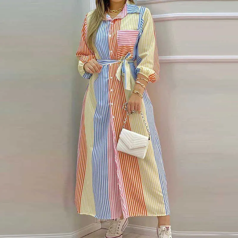 Moda mujer camisa vestido manga larga verano color raya vestidos largos laides cuello vuelto suelto vestido de fiesta vestido 210709